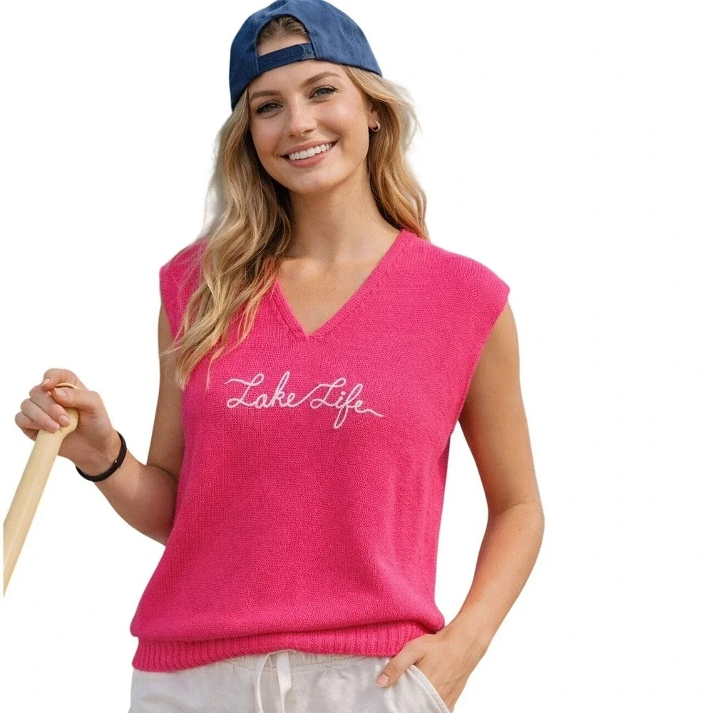 KRIMSON KLOVER Ren Lake Life Pink SleevelessSweater NEW Cotton Cashmere‎ S